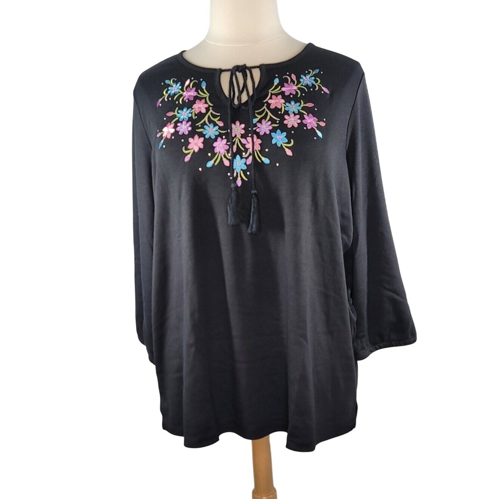 Quacker Factory Black‎ Floral Tie-Neck Top